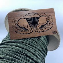 Load image into Gallery viewer, airborne wings velcro morale patch, solid walnut, wood patch